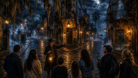 Lantern ghost tour guide helping visitors choose between haunted ghost tours in historic St. Augustine at night, with cobblestone streets, Spanish moss, glowing gas lanterns, fog, and ghostly apparitions.