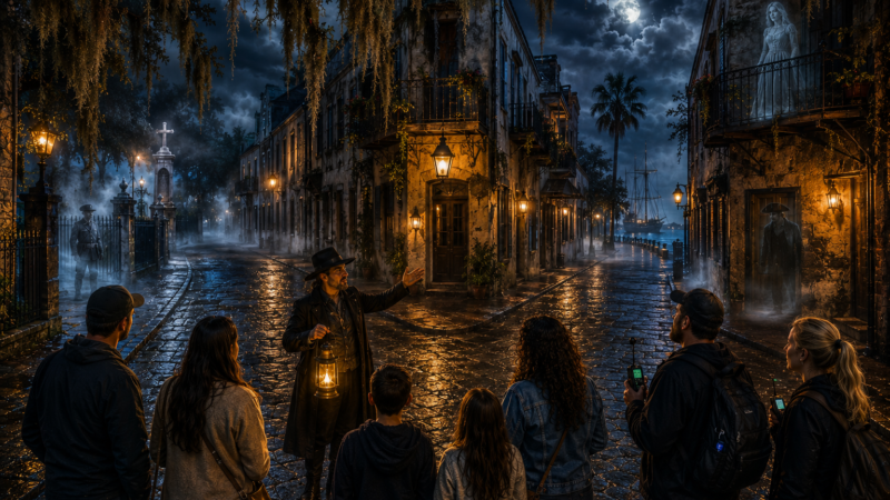 Lantern ghost tour guide helping visitors choose between haunted ghost tours in historic St. Augustine at night, with cobblestone streets, Spanish moss, glowing gas lanterns, fog, and ghostly apparitions.