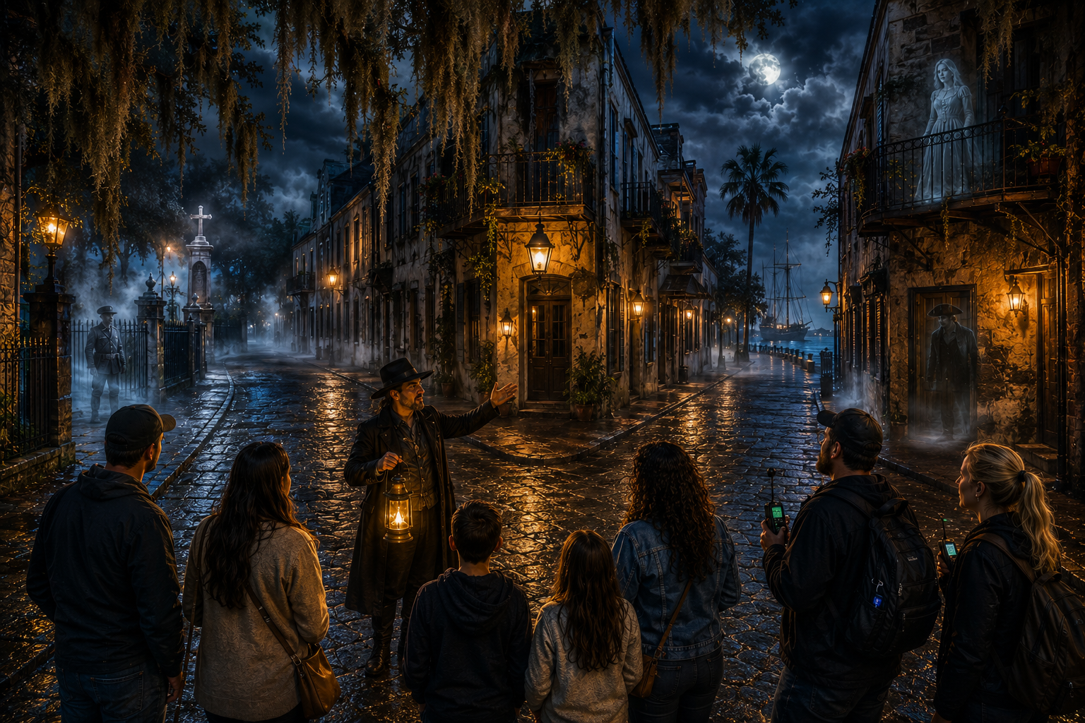 Lantern ghost tour guide helping visitors choose between haunted ghost tours in historic St. Augustine at night, with cobblestone streets, Spanish moss, glowing gas lanterns, fog, and ghostly apparitions.