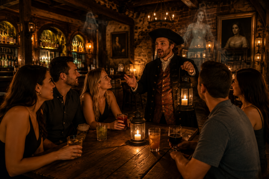 Costumed storyteller sharing haunted legends with friends inside a historic St. Augustine tavern during a haunted pub crawl. π¨ Illustration.