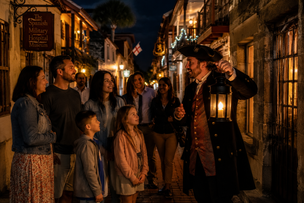 Costumed ghost tour guide leading families and couples through historic St. Augustine at night with a glowing lantern along a brick street. π¨ Illustration.