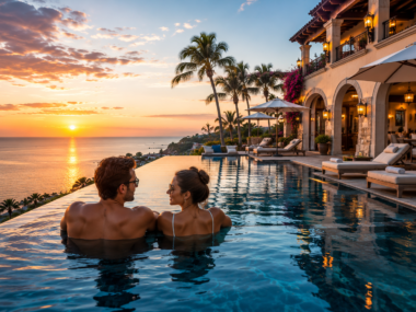 Couple relaxing in a luxury infinity pool overlooking the ocean at sunset beside an upscale resort, representing premium places to stay in St. Augustine, Florida.