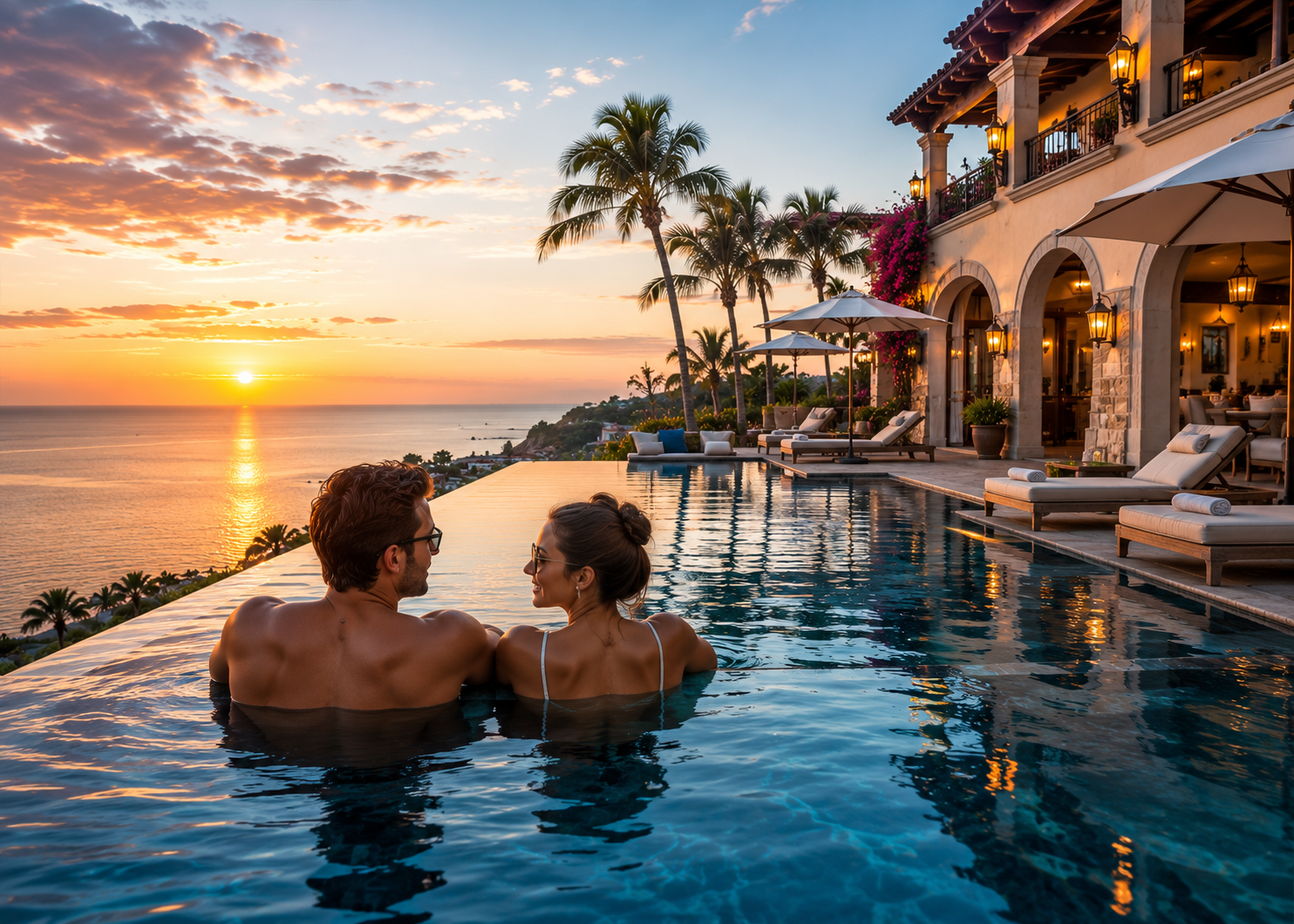 Couple relaxing in a luxury infinity pool overlooking the ocean at sunset beside an upscale resort, representing premium places to stay in St. Augustine, Florida.