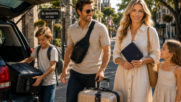 A family arrives in historic St. Augustine, Florida, unloading luggage from their vehicle while using smart travel essentials including TSA luggage locks, a travel sling bag, and a passport organizer before beginning their vacation.