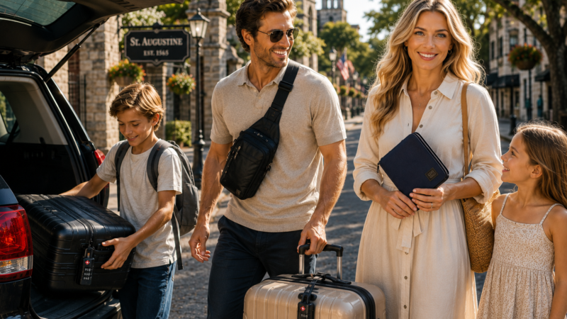 A family arrives in historic St. Augustine, Florida, unloading luggage from their vehicle while using smart travel essentials including TSA luggage locks, a travel sling bag, and a passport organizer before beginning their vacation.