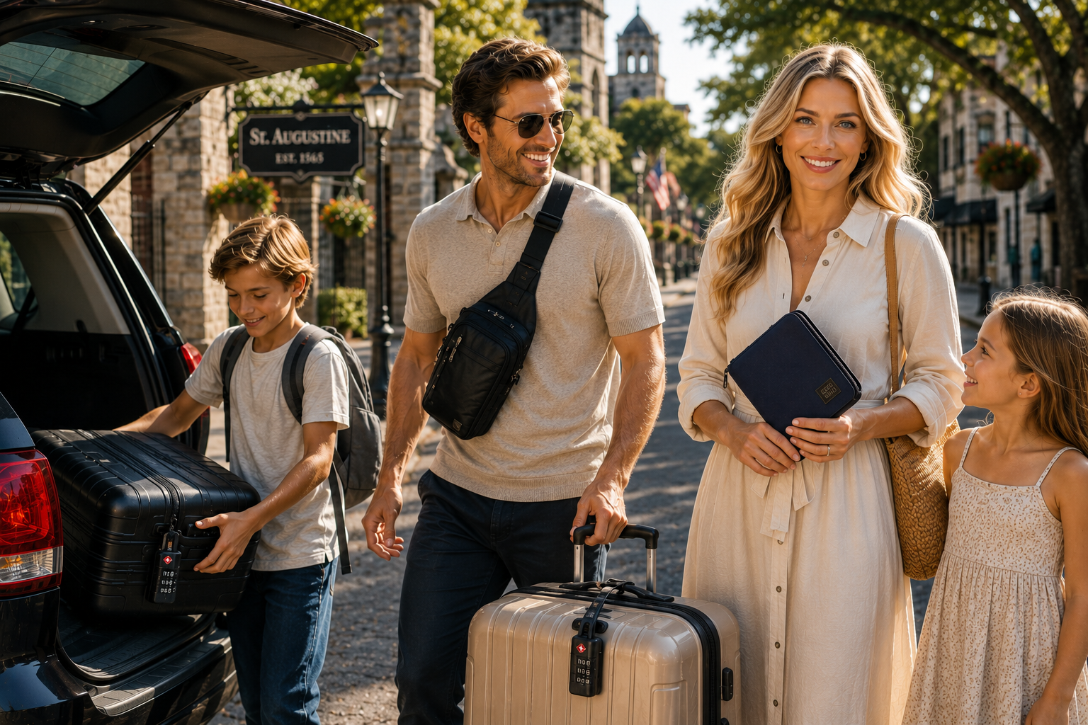 A family arrives in historic St. Augustine, Florida, unloading luggage from their vehicle while using smart travel essentials including TSA luggage locks, a travel sling bag, and a passport organizer before beginning their vacation.