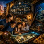 Family exploring the St. Augustine Shipwreck Museum with historic shipwreck artifacts, pirate treasure, underwater archaeology exhibits, and maritime history displays in downtown St. Augustine.