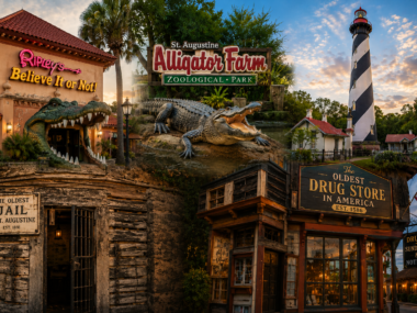 Collage featuring St. Augustine's top attractions including Ripley's Believe It or Not!, St. Augustine Alligator Farm, St. Augustine Lighthouse, Old Jail Museum, and the Oldest Drug Store.