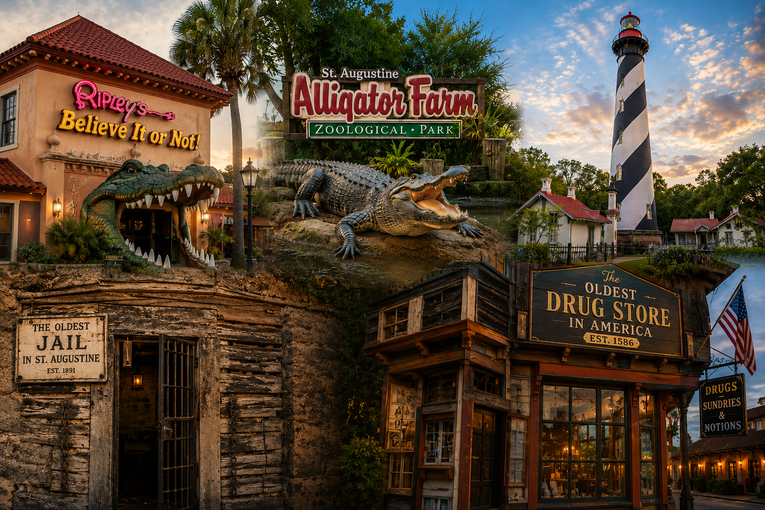Collage featuring St. Augustine's top attractions including Ripley's Believe It or Not!, St. Augustine Alligator Farm, St. Augustine Lighthouse, Old Jail Museum, and the Oldest Drug Store.