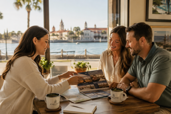 Travel specialist meeting with a couple over coffee while planning a personalized St. Augustine vacation with views of the historic bayfront in the background