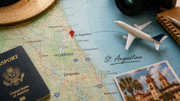 Travel planning flat lay featuring a map of Florida with St. Augustine highlighted, a model airplane approaching Northeast Florida, a passport, camera, and travel accessories representing the journey to America's oldest city
