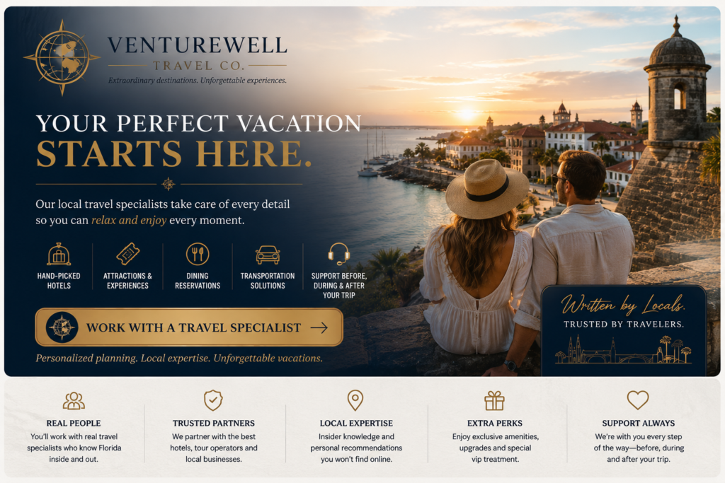 Luxury Venturewell Travel Co. travel planning section featuring a couple overlooking historic St. Augustine at sunset with personalized vacation planning services.