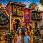 Colorful view of Villa Zorayda Museum in St. Augustine featuring Moorish Revival architecture, vibrant tilework, palm trees, fountains, and visitors admiring one of the city's most unique historic landmarks.