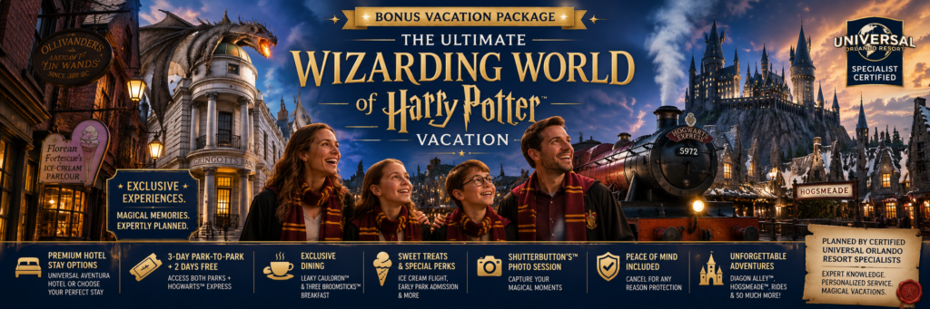 Family enjoying the Ultimate Wizarding World of Harry Potter vacation at Universal Orlando Resort featuring Diagon Alley, Hogsmeade, the Hogwarts Express, Hogwarts Castle, Ollivanders, Gringotts, and immersive Harry Potter experiences planned by a Certified Universal Orlando Resort Specialist.