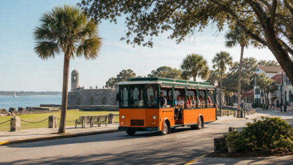 Open-air sightseeing trolley passing Castillo de San Marcos on the St. Augustine bayfront