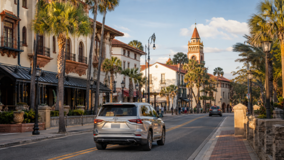Rental SUV arriving on King Street in historic downtown St. Augustine after driving from Orlando
