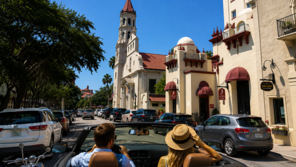 Couple driving a convertible through downtown St. Augustine, Florida, looking for parking near Cathedral Place on a busy sunny day.